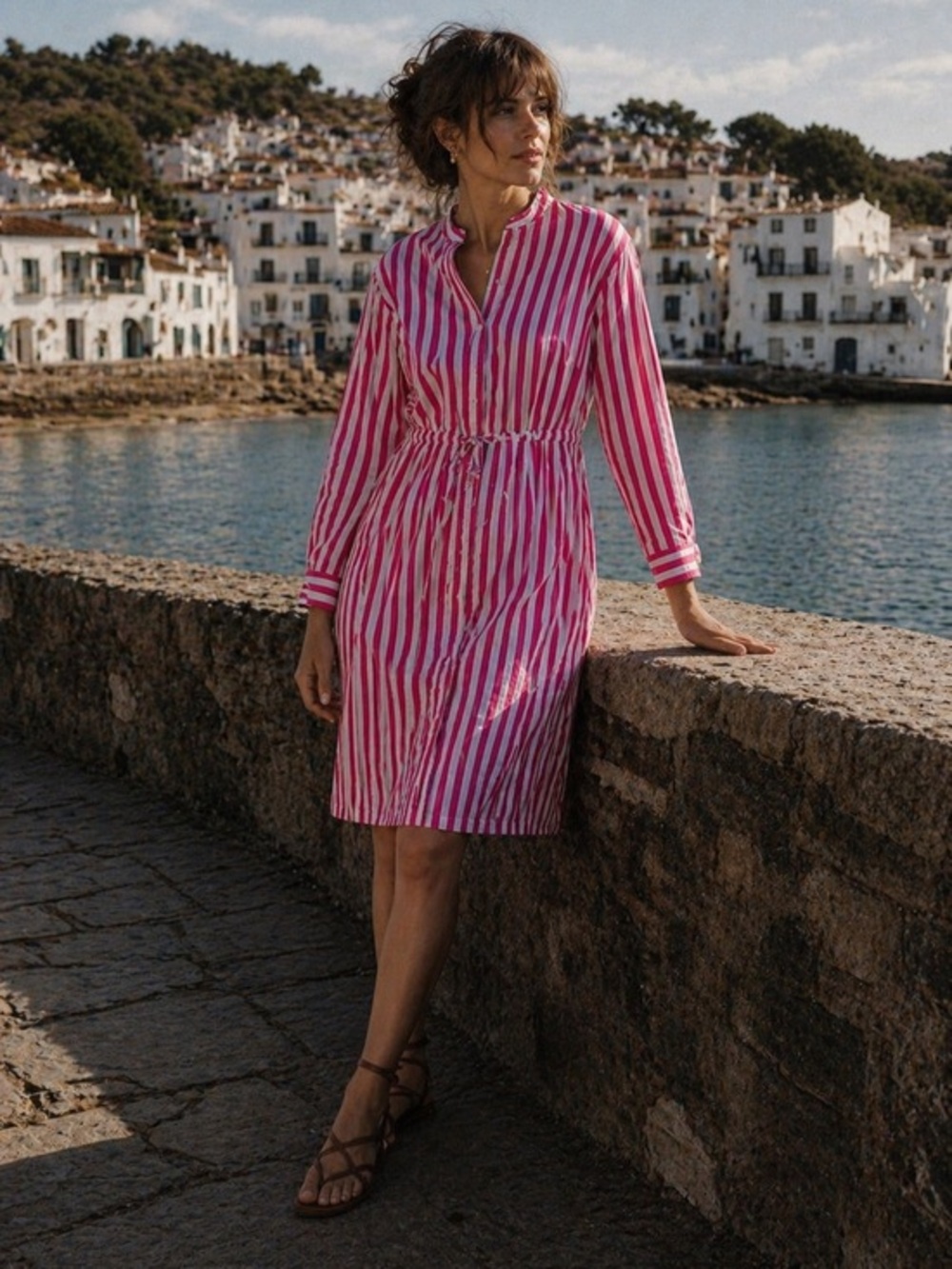 0039 Italy pink and white striped cinch waist long sleeve shirt  dress